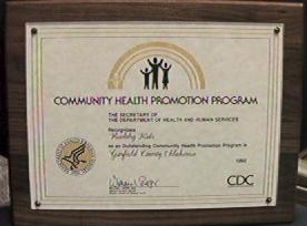 Plaque awarded to Healthy Kids by the CDC and the U.S. Dept. of Health and Human Services