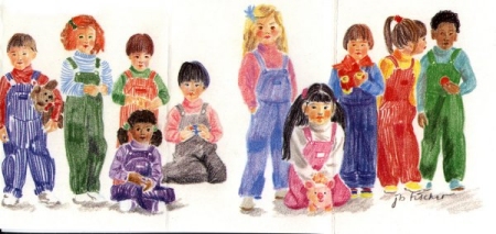 Pastel drawing of toddlers standing, sitting, talking from Healthy Kids brochure